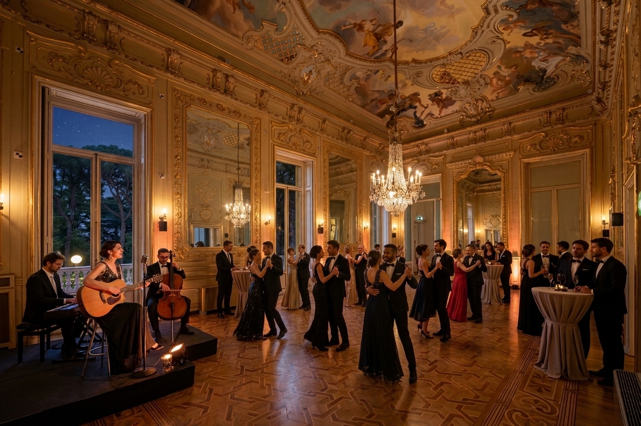 Sala degli Specchi allestita per ballo durante un evento aziendale a Villa Quartara
